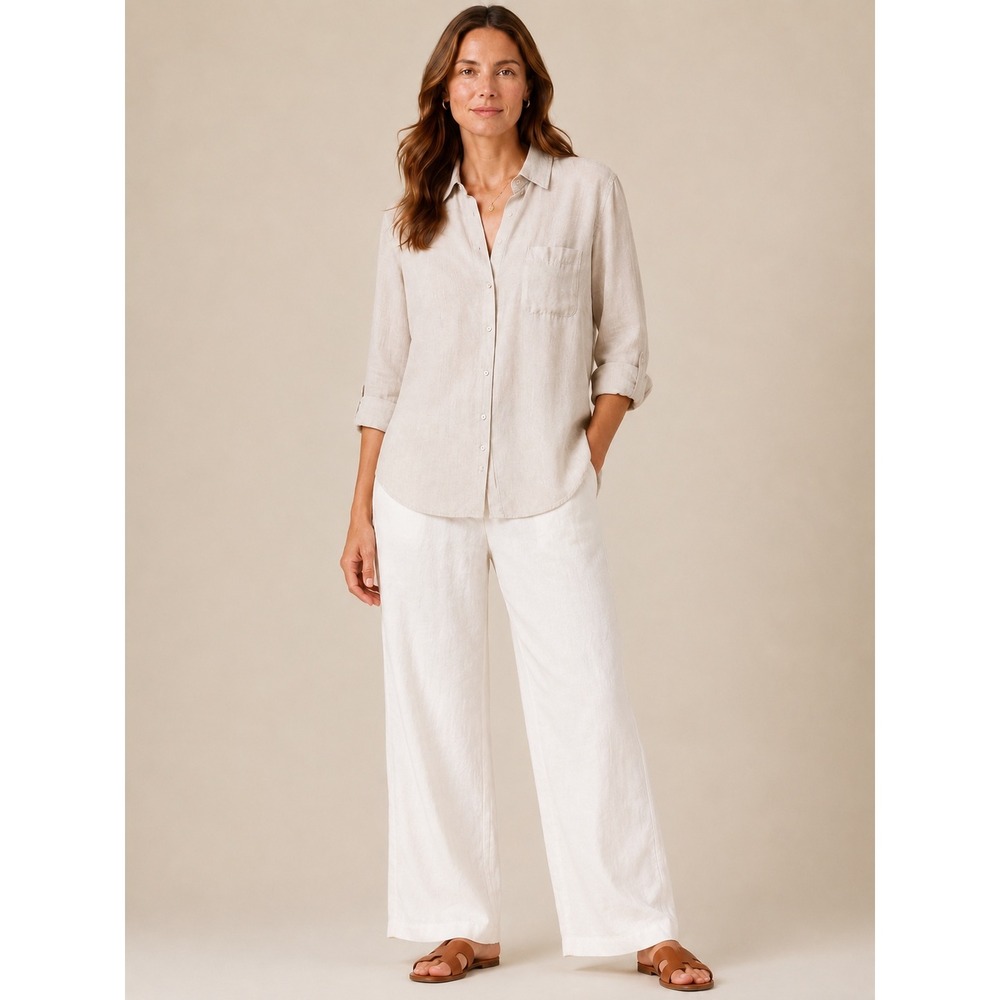 Sigrid Olsen Womens Linen Button Up Shirt Large Beige Coastal Grandmother Casual